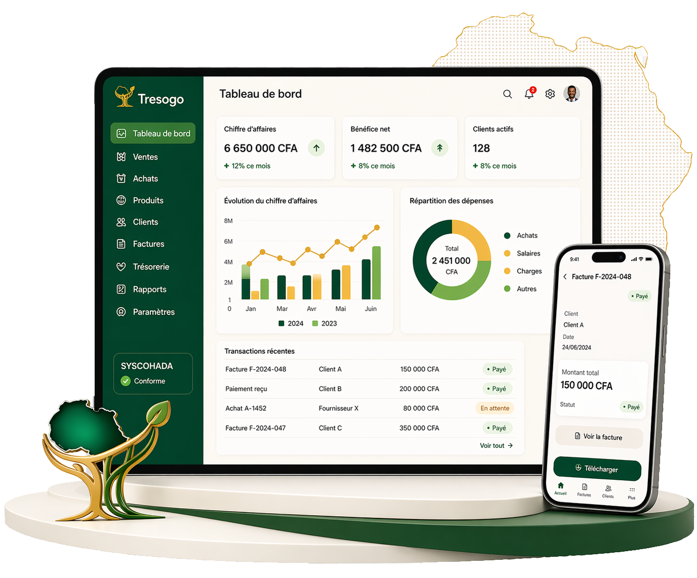 Tresogo — tableau de bord comptable sur ordinateur et facture sur smartphone avec l'arbre doré symbole de la marque